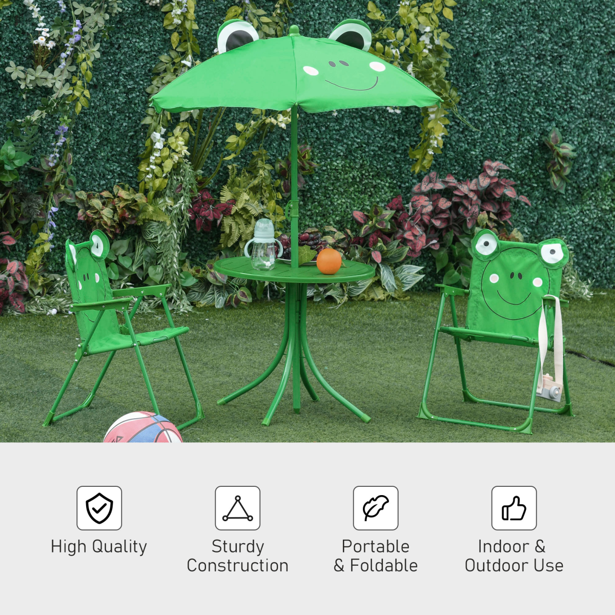 Foldable Patio Kids Metal Picnic Table with Frog Umbrella – 4-Piece Set