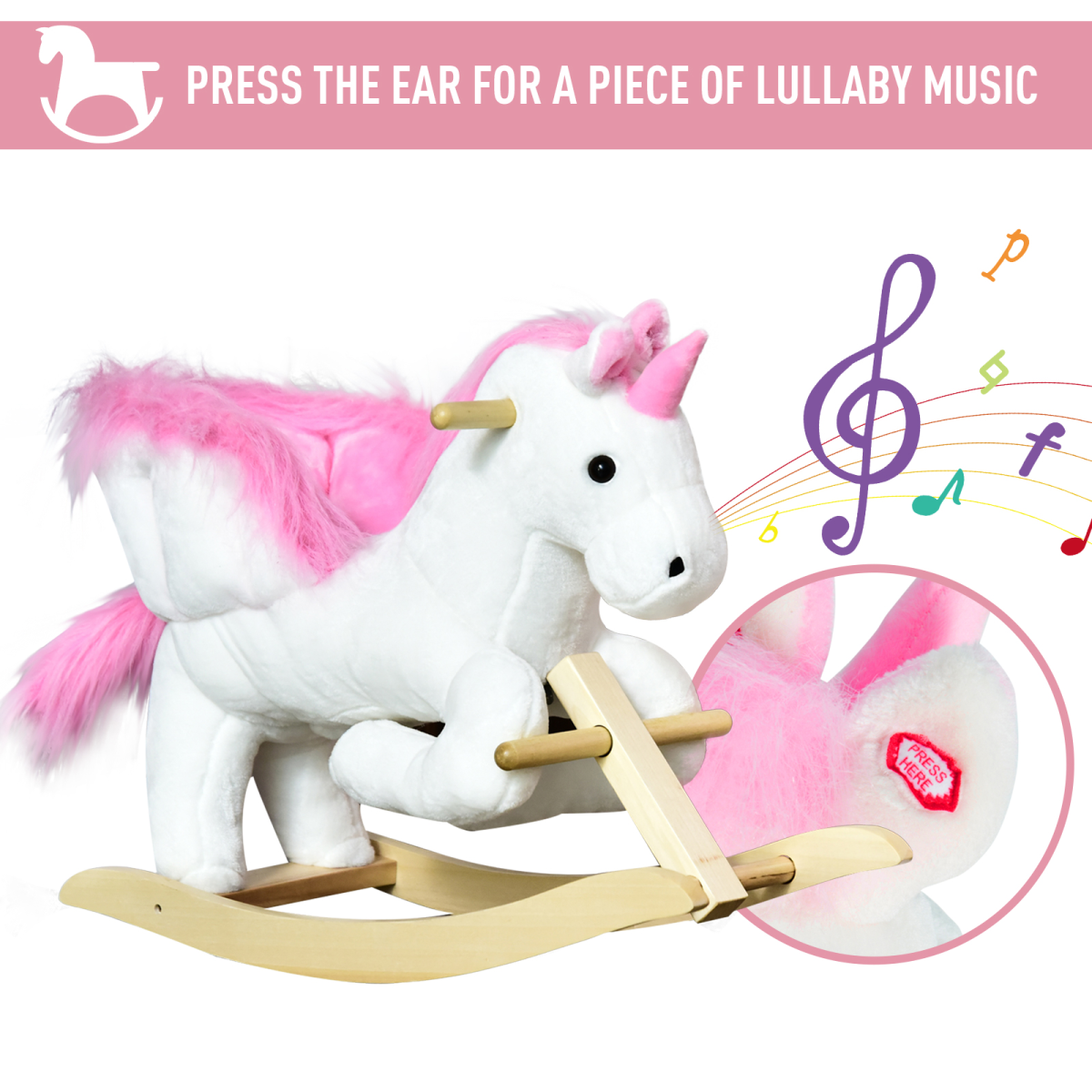 HOMCOM Kids Wooden Ride-On Unicorn Rocking Horse with Music – Pink & White (18+ Months)