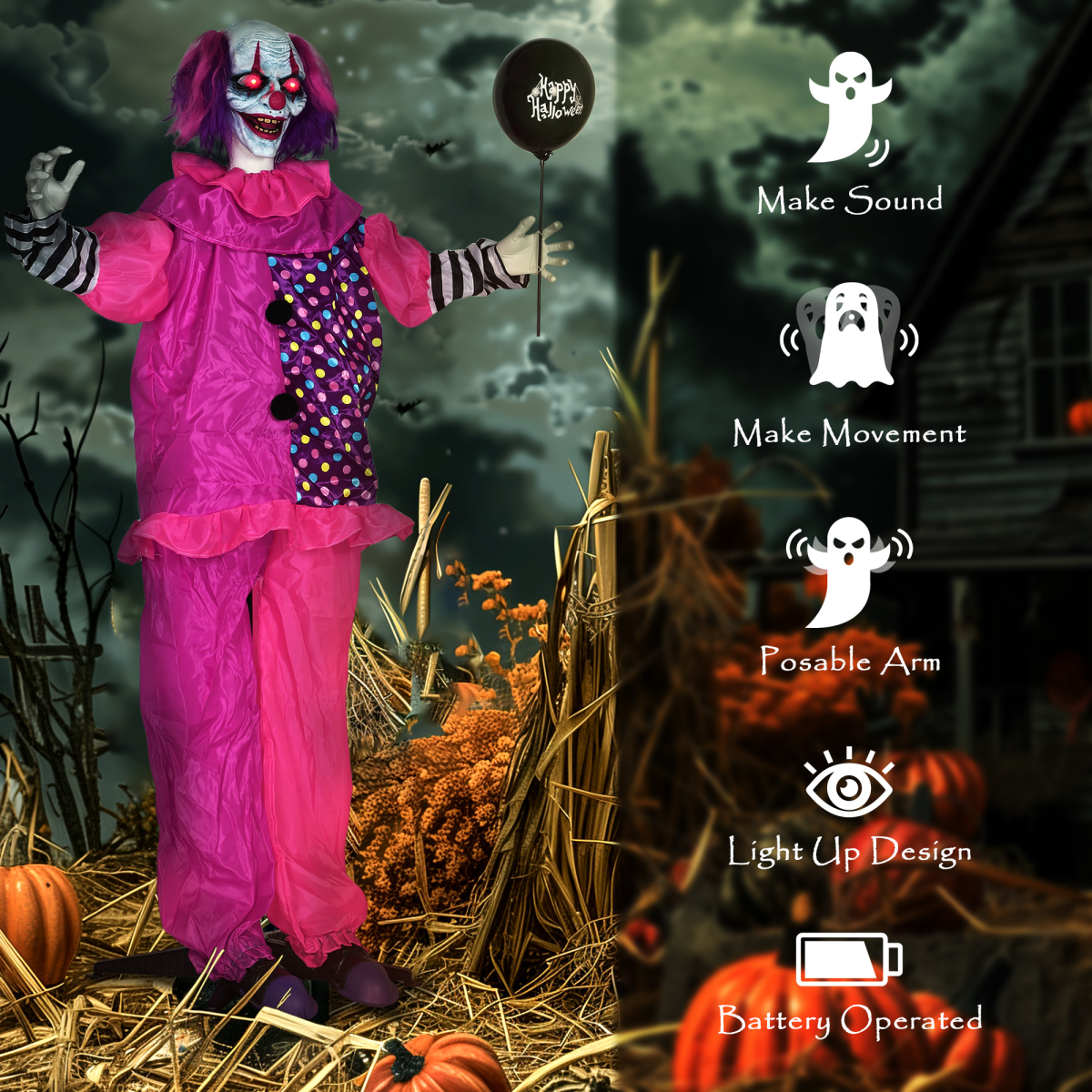 175cm Life-Size Halloween Clown with Moving Body, Mouth & Lights – Pinkish Purple