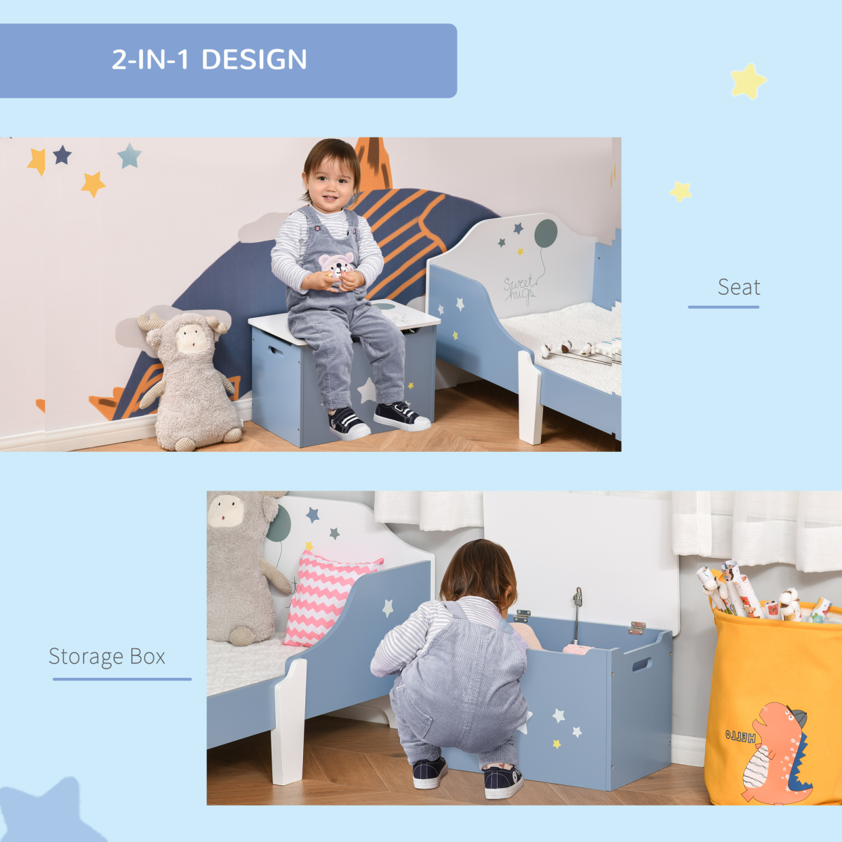 Kids’ Blue & White Toy Storage Chest with Safety Gas Hinge – “Sweet Hugs” Design