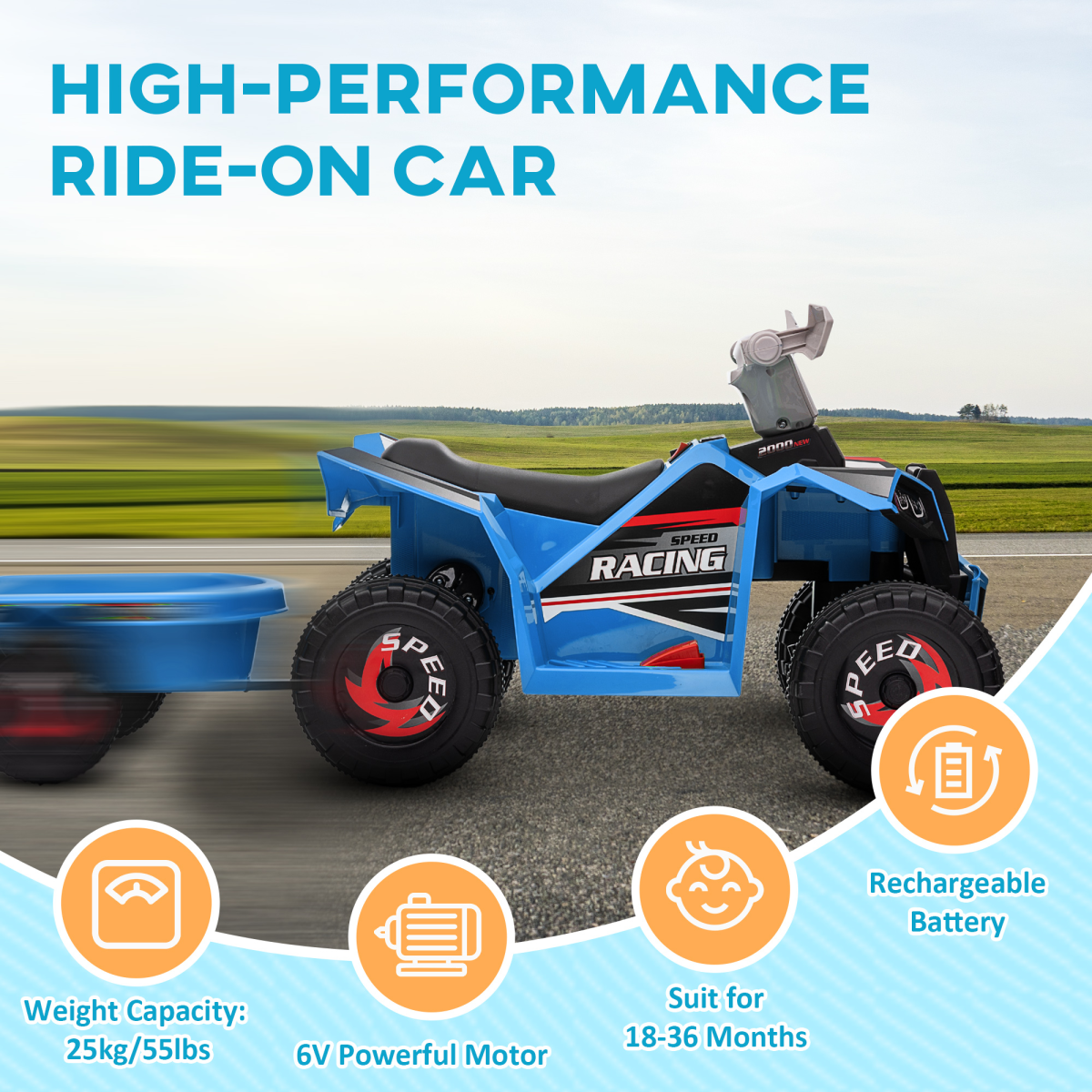 HOMCOM Electric Quad Bike, 6V Kids Ride-On ATV with Back Trailer - Blue