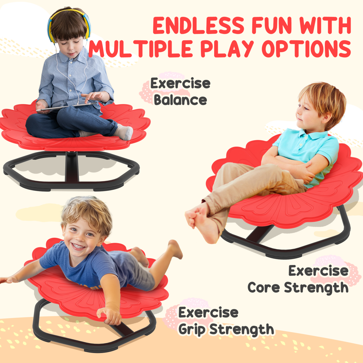 Kids’ 360° Swivel Flower Chair – Red & Black