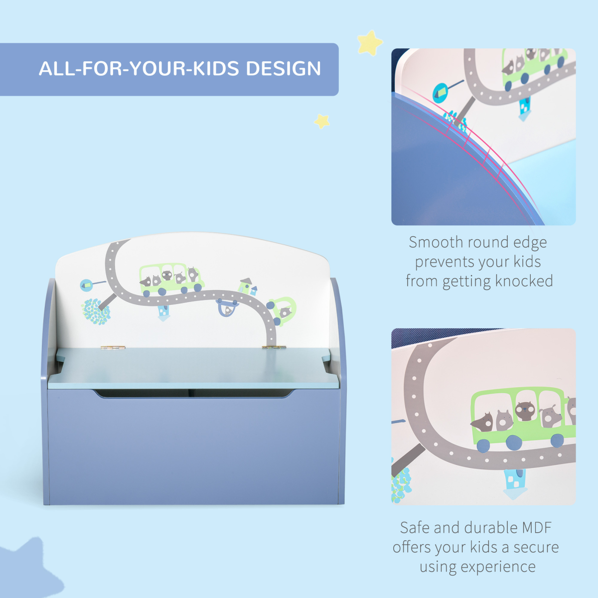 Kids Toy Chest with Backrest – Colourful Painted Design & Storage Bench HOMCOM