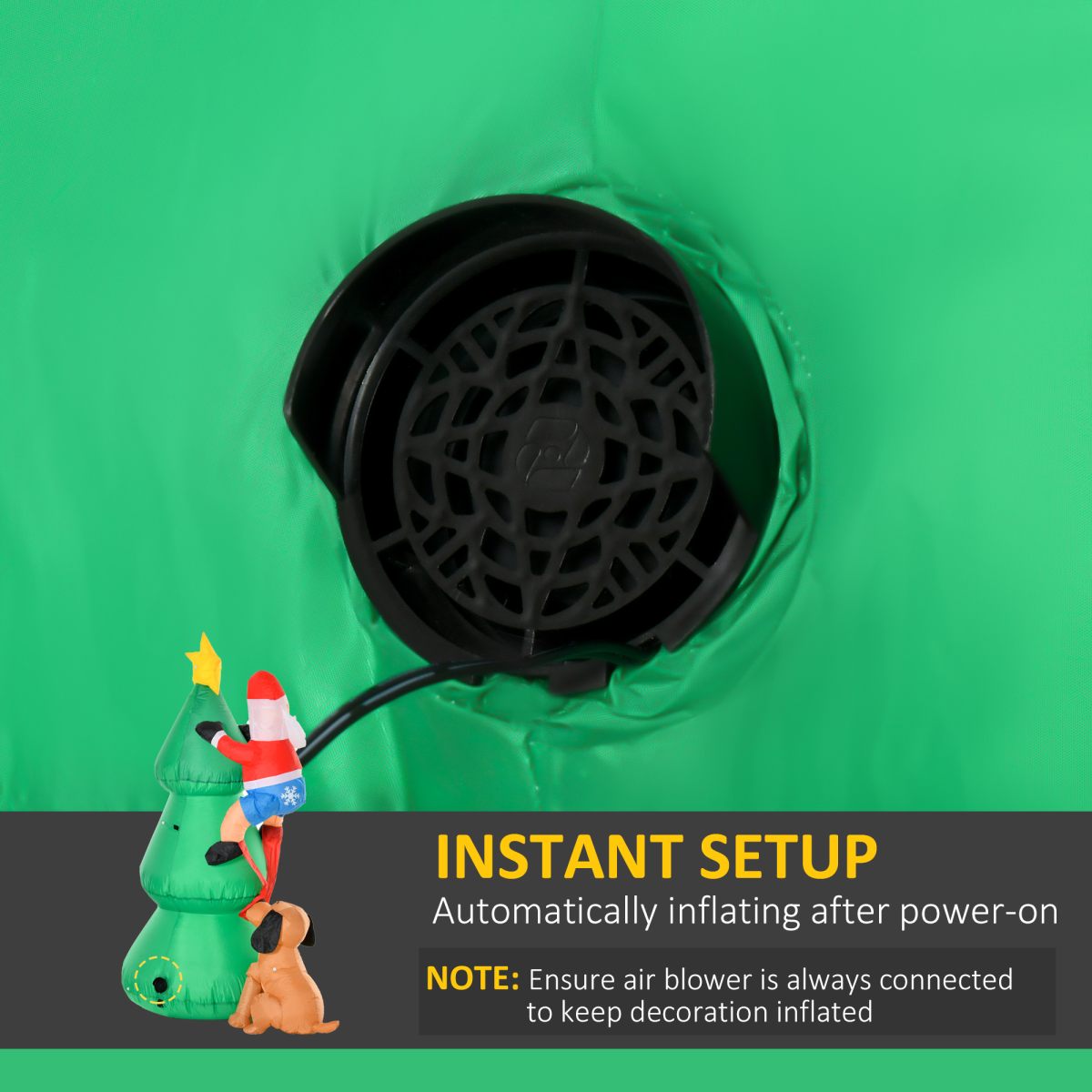 Green inflatable structure with black air blower and small figures on a green background