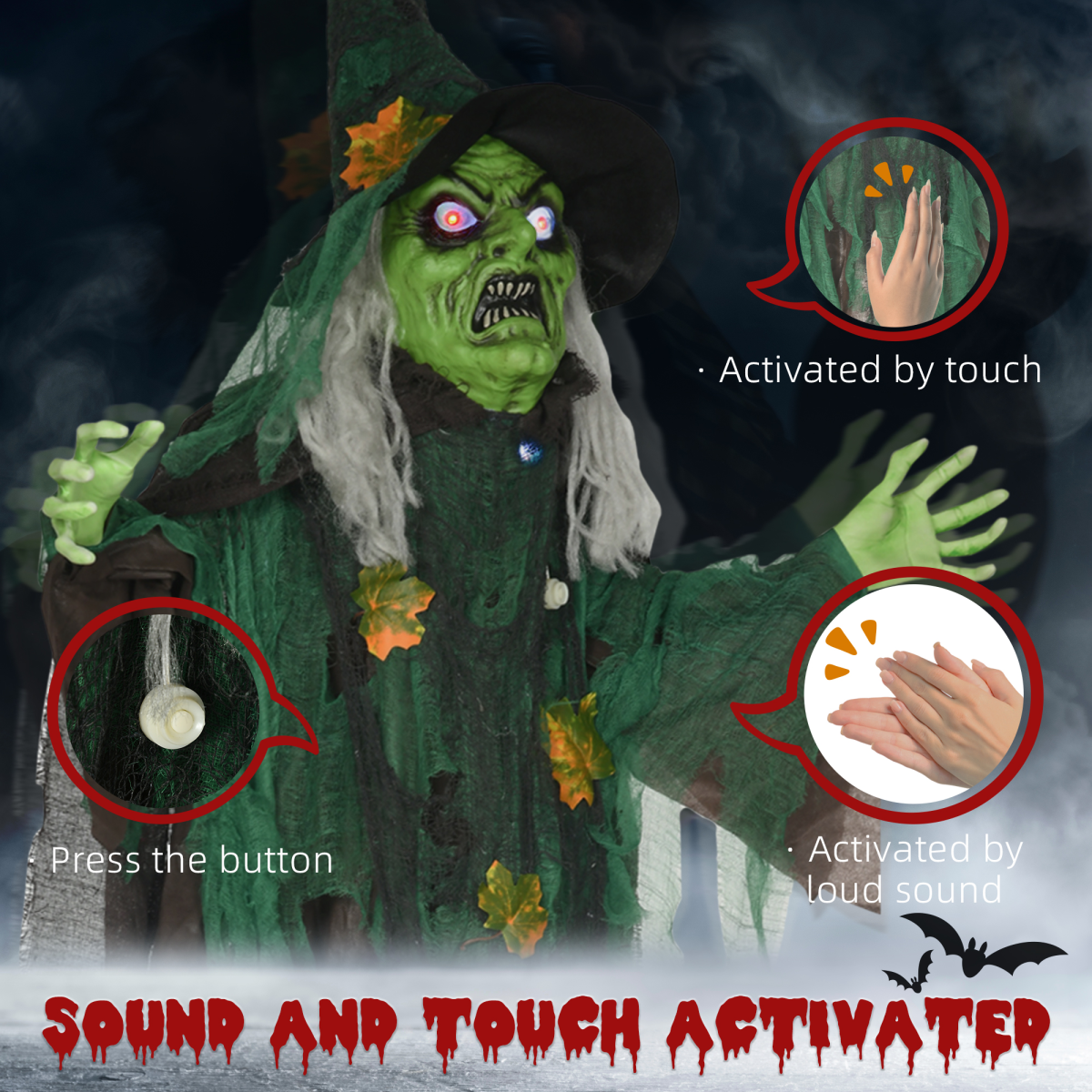 1.83m Animated Halloween Witch with Lights, Sounds & Motion – Indoor/Outdoor Decoration