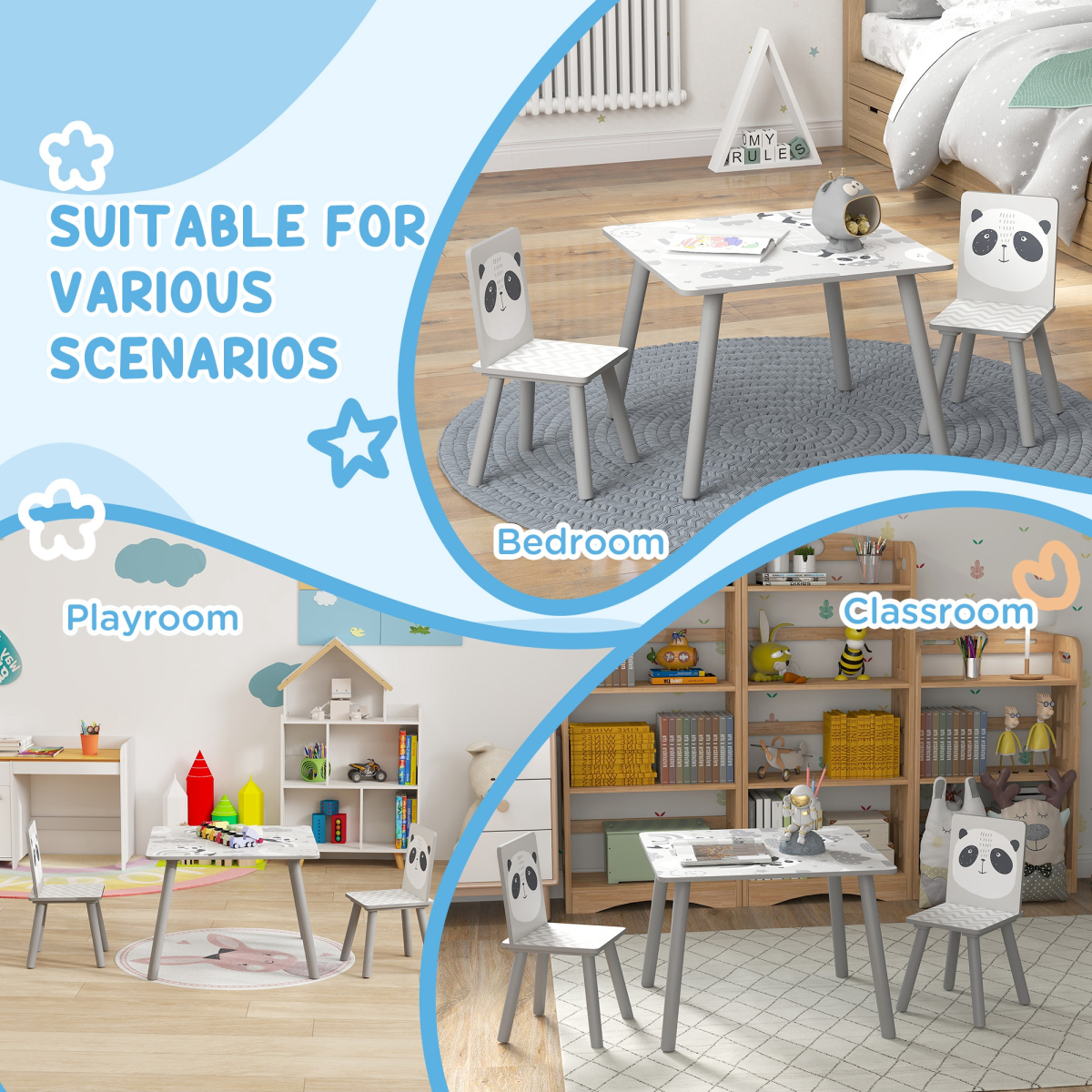 Kids 3-Piece Table & Chair Set – Grey (Desk + 2 Chairs)