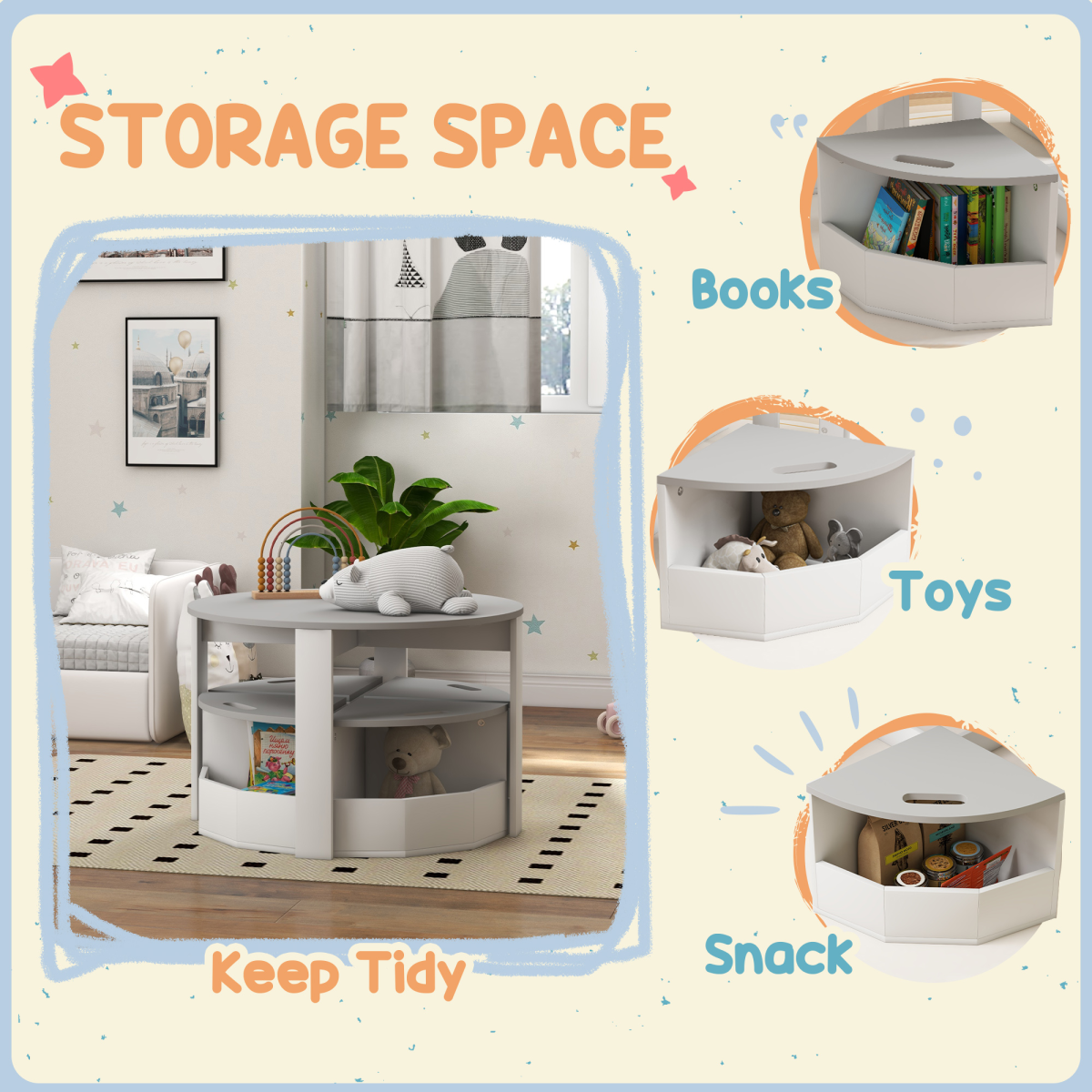 5-Piece Kids Table and Chair Set with Hidden Storage – Grey & White