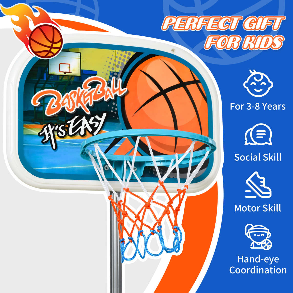 3 Pcs Kids Basketball Set Hoop Ball Pump Height Fillable Base 3-8 Yrs