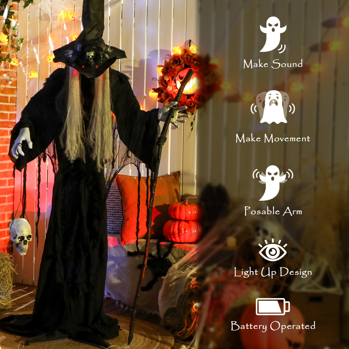 170cm Life-Size Halloween Witch with Sound, Lights & Motion – Black/White