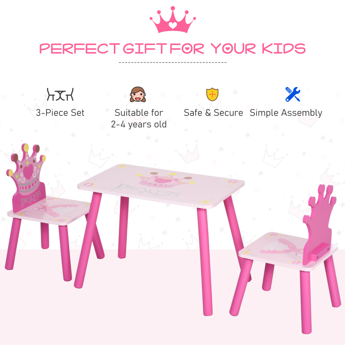 Kids 3-Piece Princess Table & Chair Set – Pink Crown Design (Ages 3+)