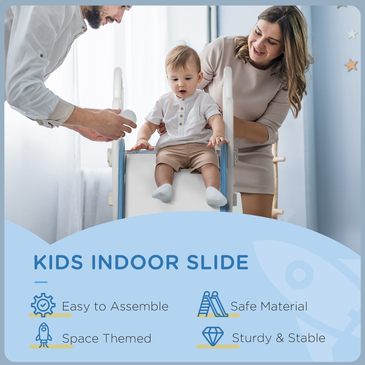 Baby & Toddler Slide – Space Theme Indoor Freestanding Slide (Ages 1.5–3, Blue)