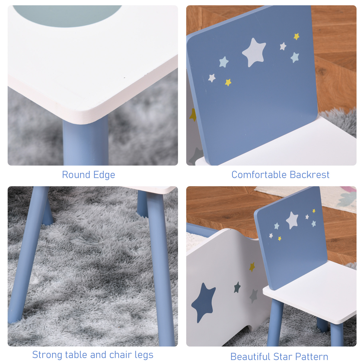 Kids 3-Piece Table & Chair Set with Stars & Balloons Design – White & Blue (Ages 2–4)