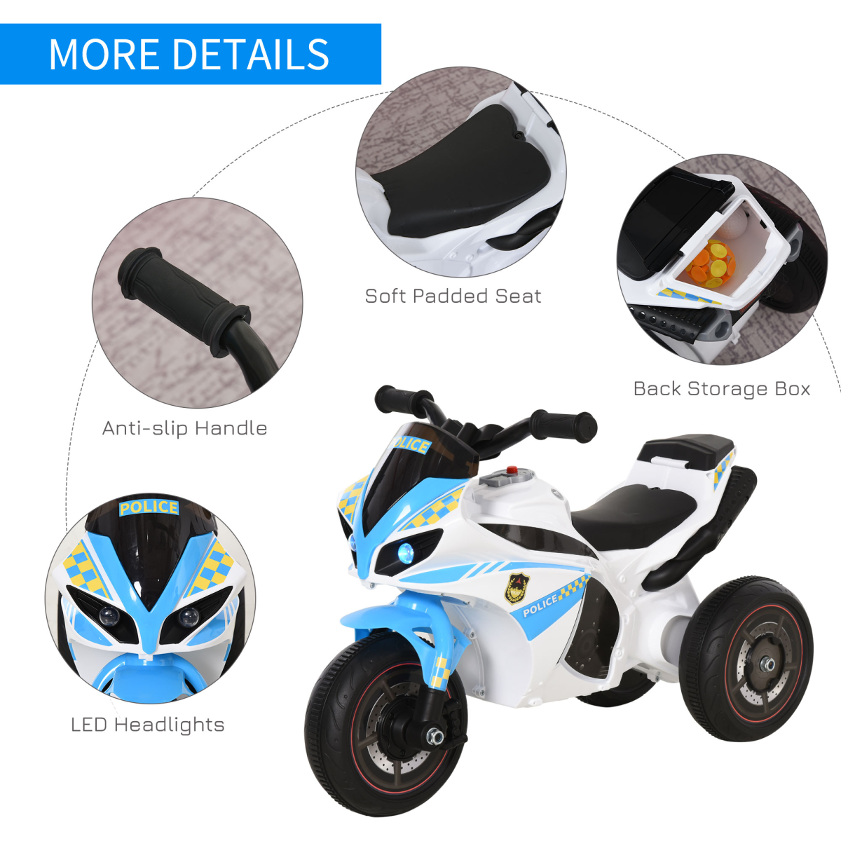 Kids Police Ride-On Bike with Lights & Music – 3-Wheel Balance Bike (Ages 18–36 Months)