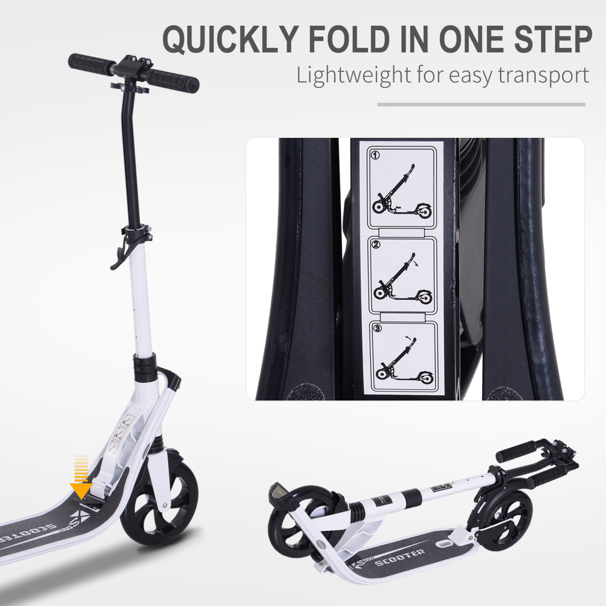 Folding Kick Scooter Teens Adult Ride On Adjustable 2 Big Wheels White
