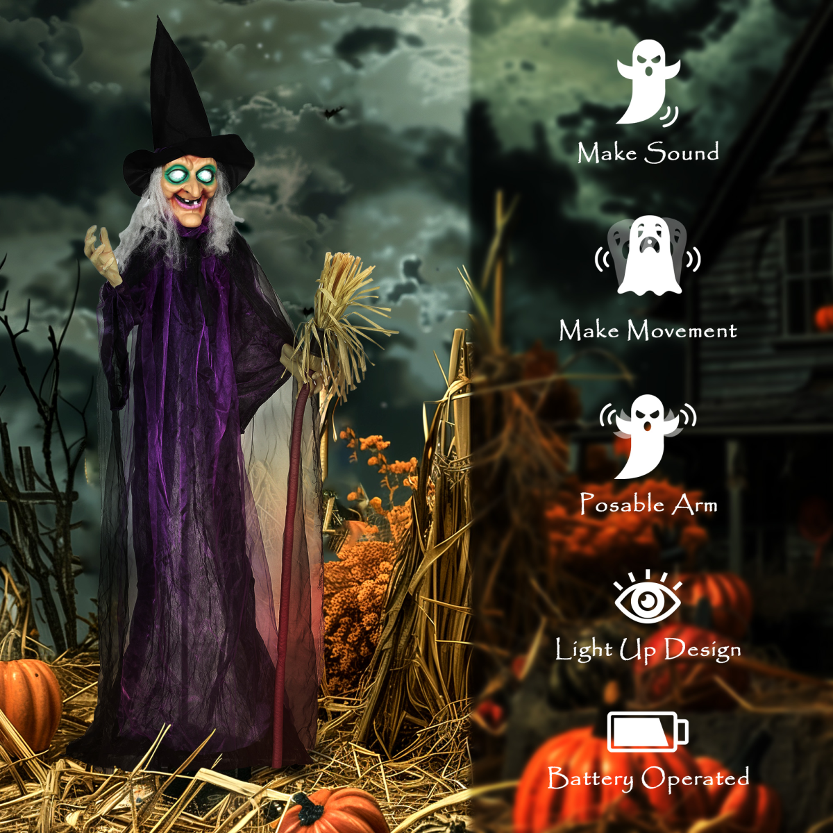 183cm Life-Size Halloween Witch with Rotating Head, Sound & Lights – Purple/White