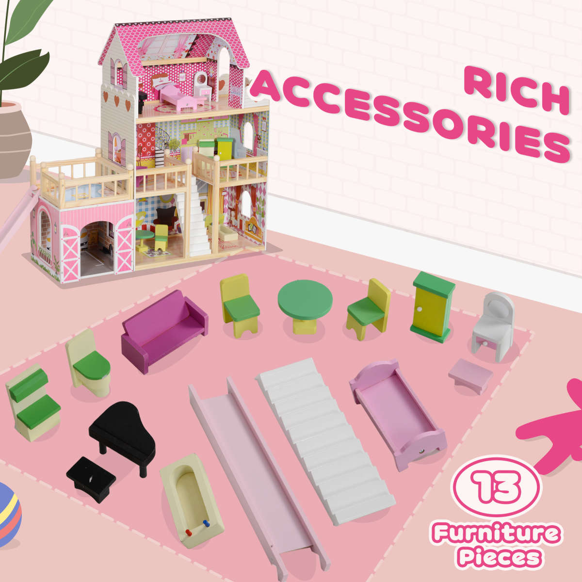 3-Storey Wooden Dollhouse with Furniture & Accessories – Pink