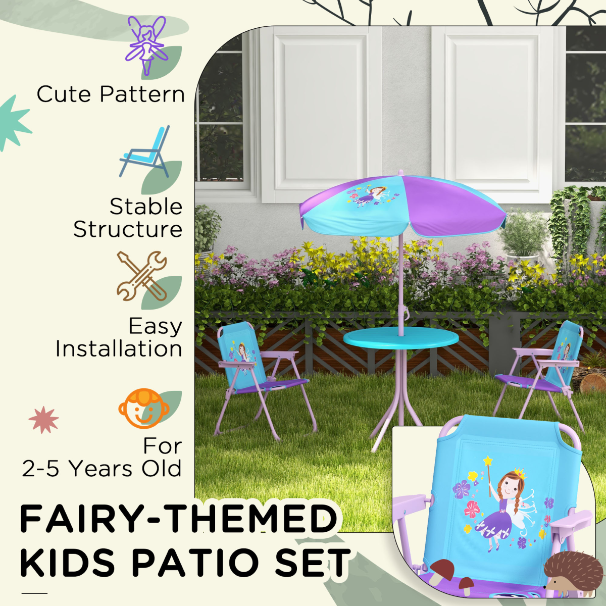 Kids Fairy-Themed Garden Set – 4-Piece Table, Chairs & Adjustable Parasol (Ages 3–6)