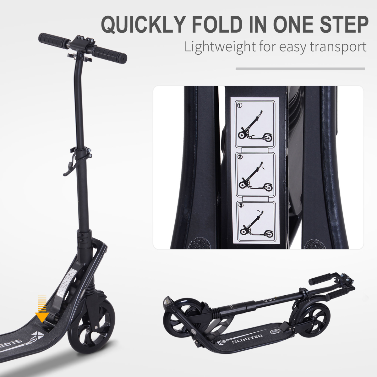 Folding Kick Scooter Teens Adult Ride On Adjustable 2 Big Wheels Black