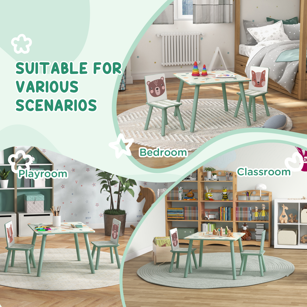 Kids Table & Chair Set – 3-Piece Desk with 2 Chairs, Green