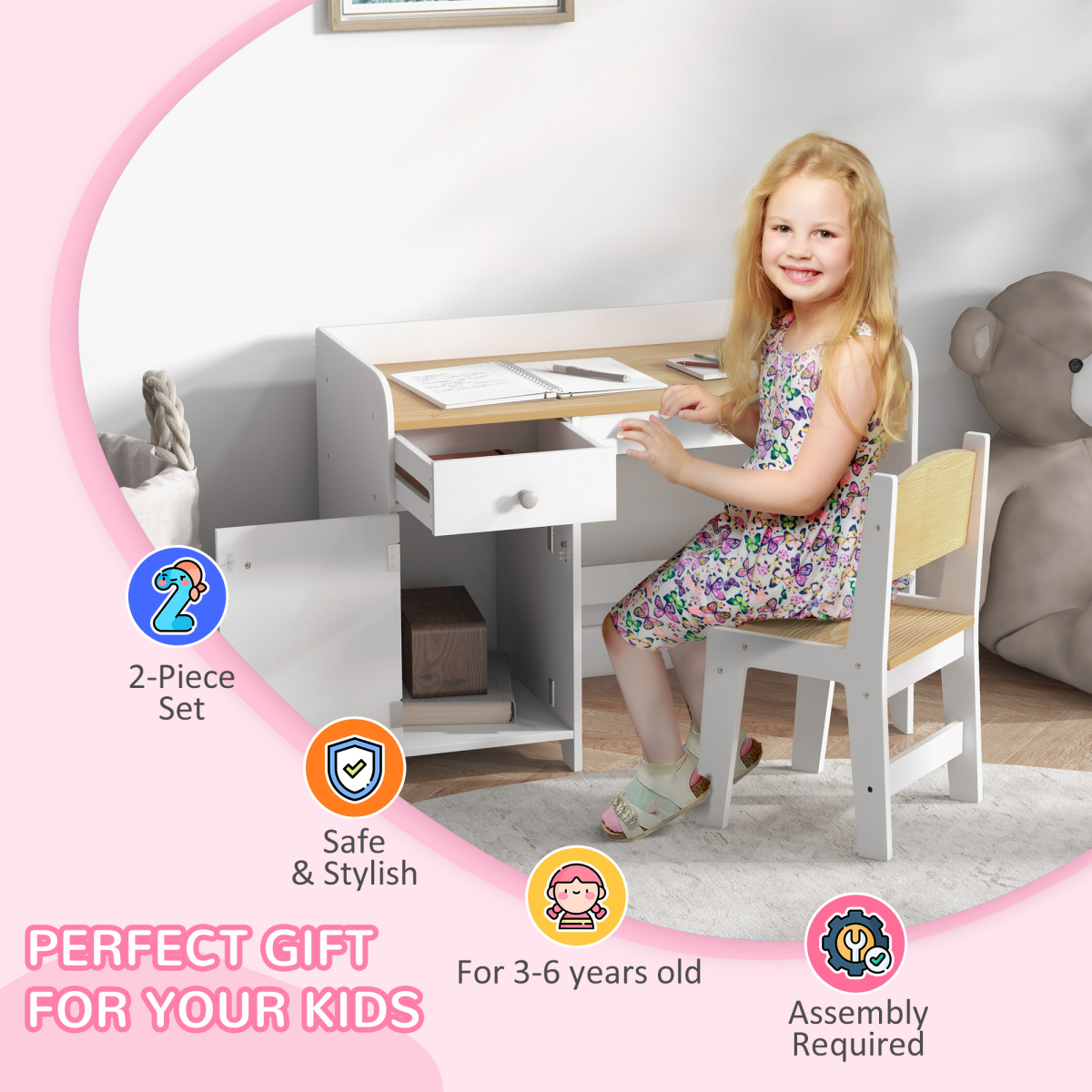 Kids Desk & Chair Set with Storage – White (Ages 3–6)