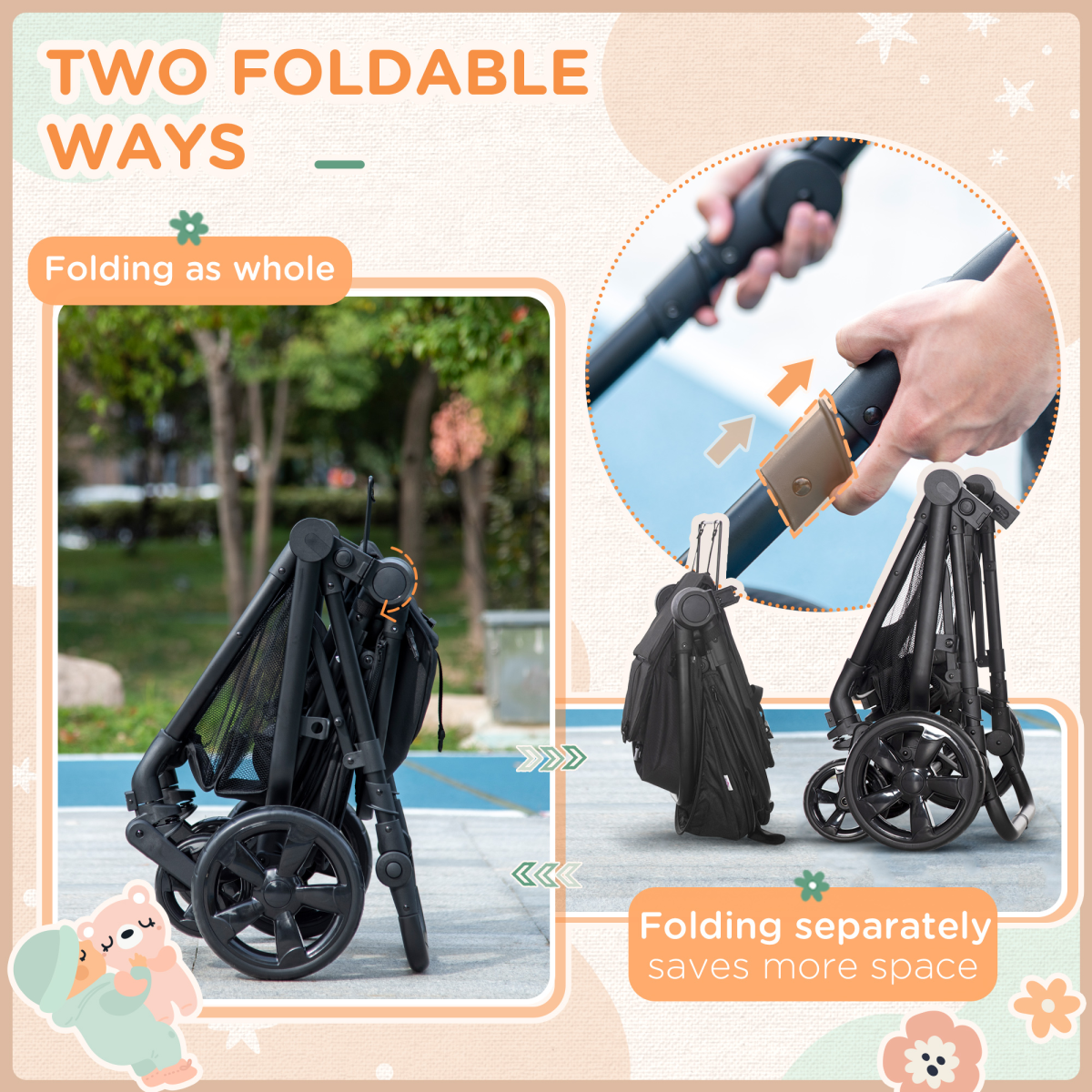 Foldable Baby Pushchair with Reclining Seat & Sleeping Basket – Black (0–3 Years)