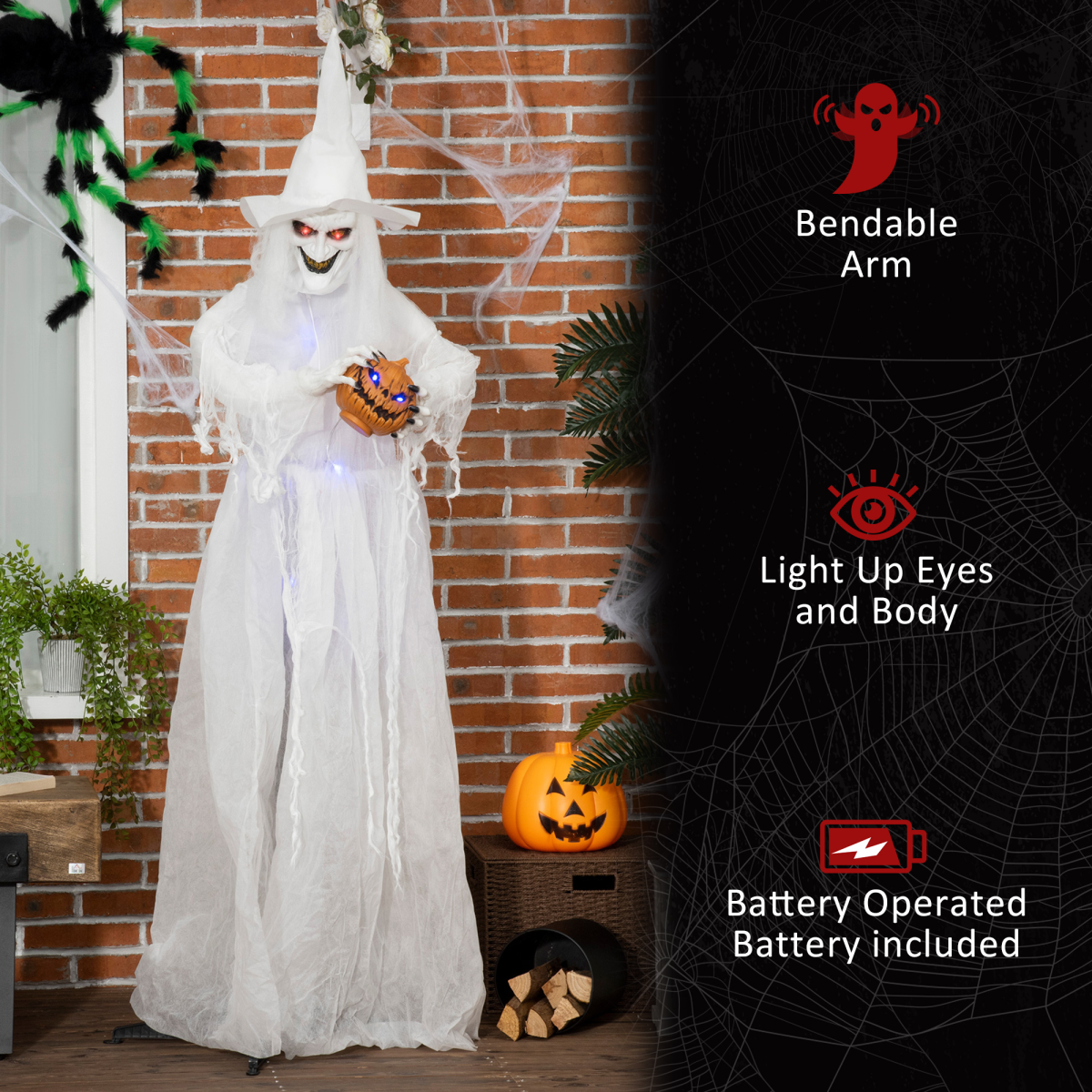 Animated Witch with Pumpkin – Bendable Arms & Light-Up Eyes (Indoor/Outdoor Halloween Decoration)