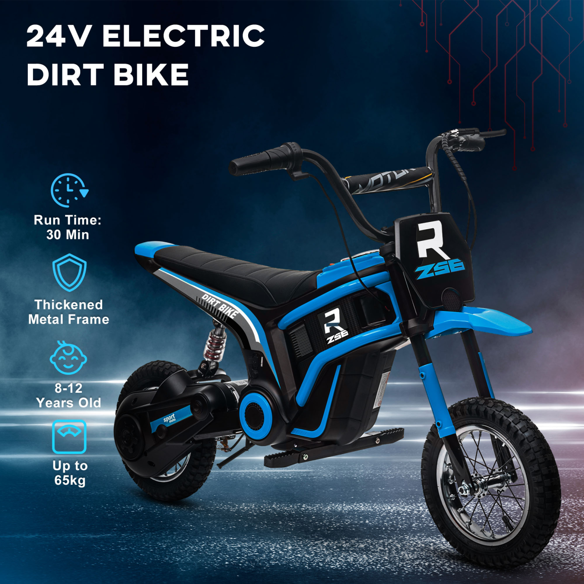 Kids 24V Electric Ride-On Motorbike with Adjustable Speed & Lights – Blue (Ages 8–12)