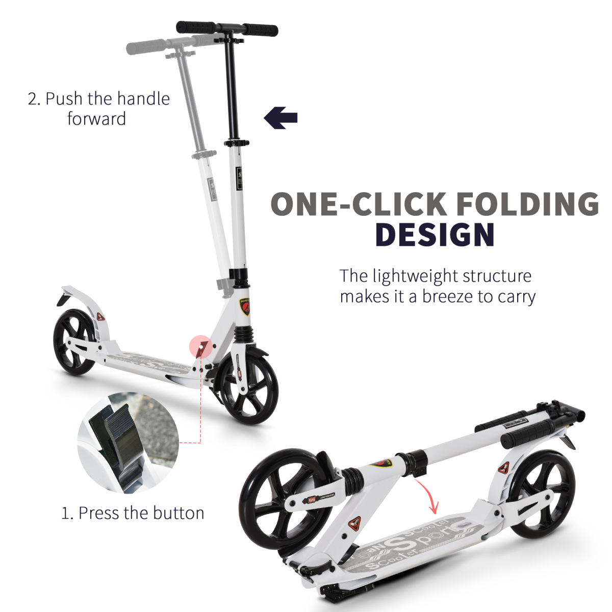 Kick Scooter Folding 2 Big Wheels Adjustable  Adult Teens For 14 White