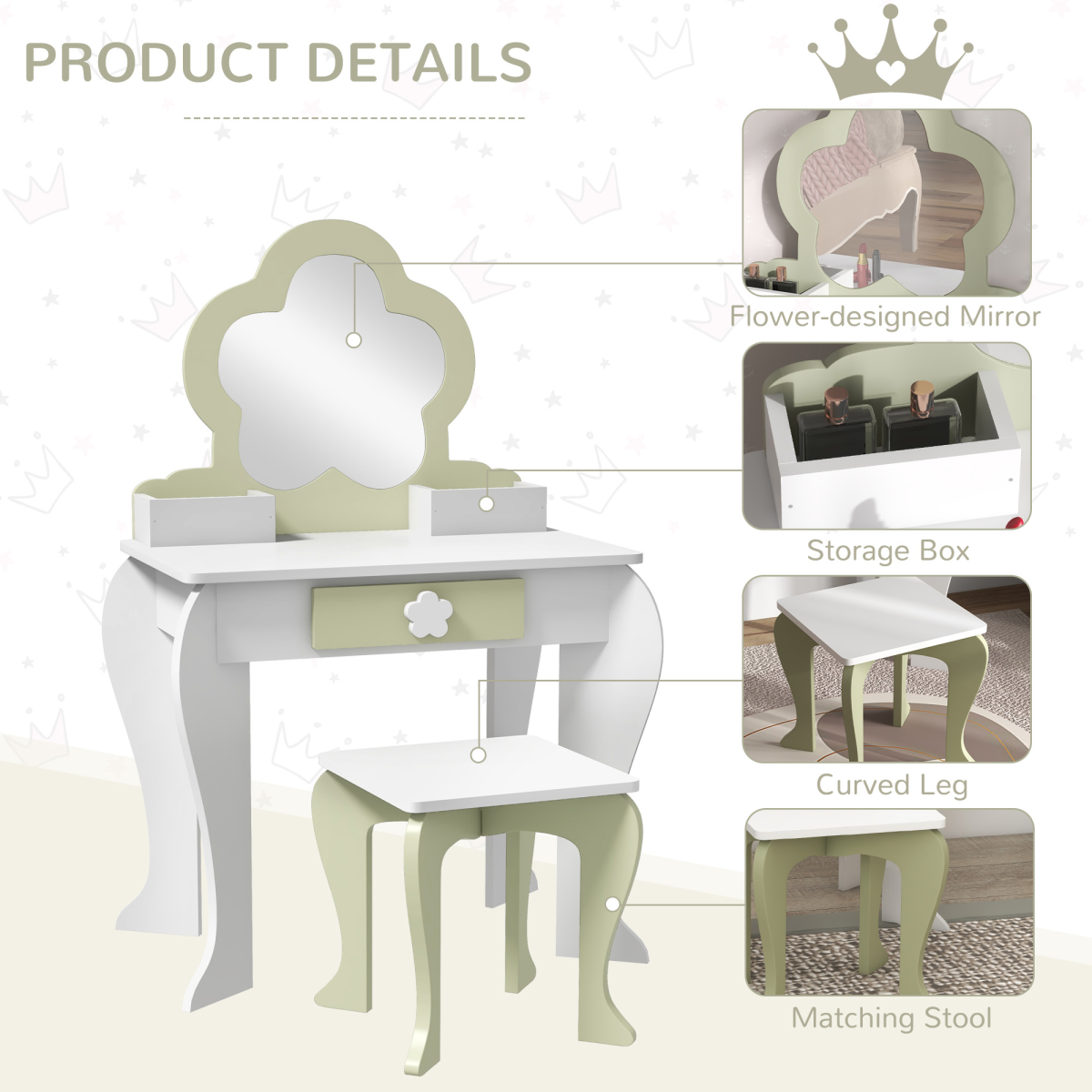 Kids Dressing Table Set with Stool & Mirror – White & Yellow Flower Design