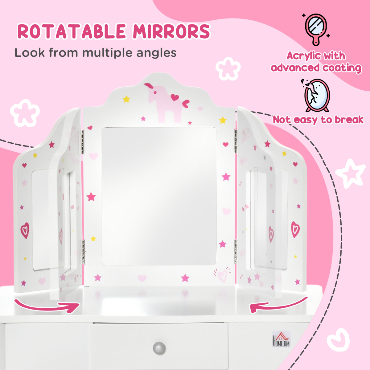HOMCOM Kids Vanity Table & Stool Set with Rotatable Mirror – White & Pink