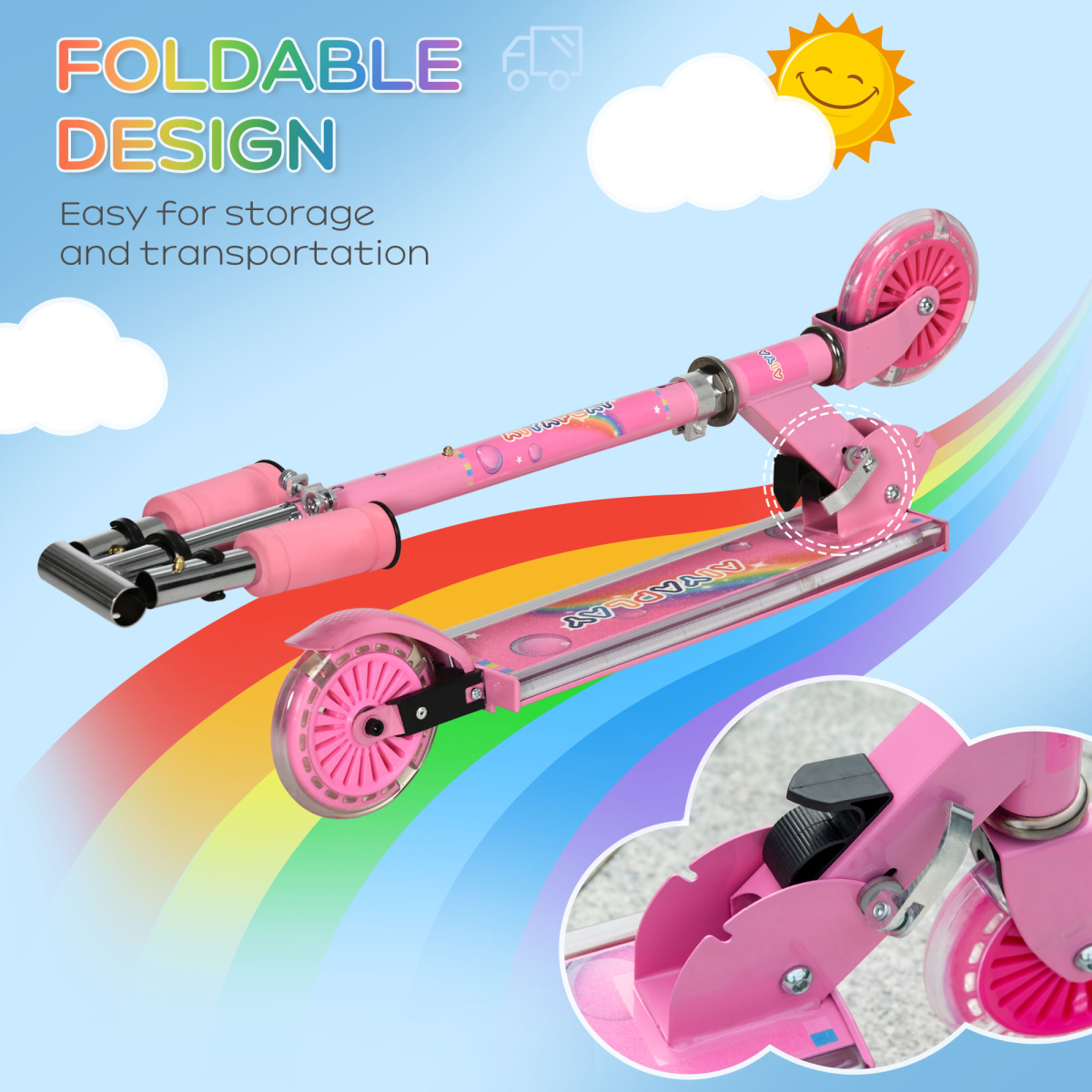 Kids Scooter with Lights & Music – Adjustable & Foldable, Pink (Ages 3–7)