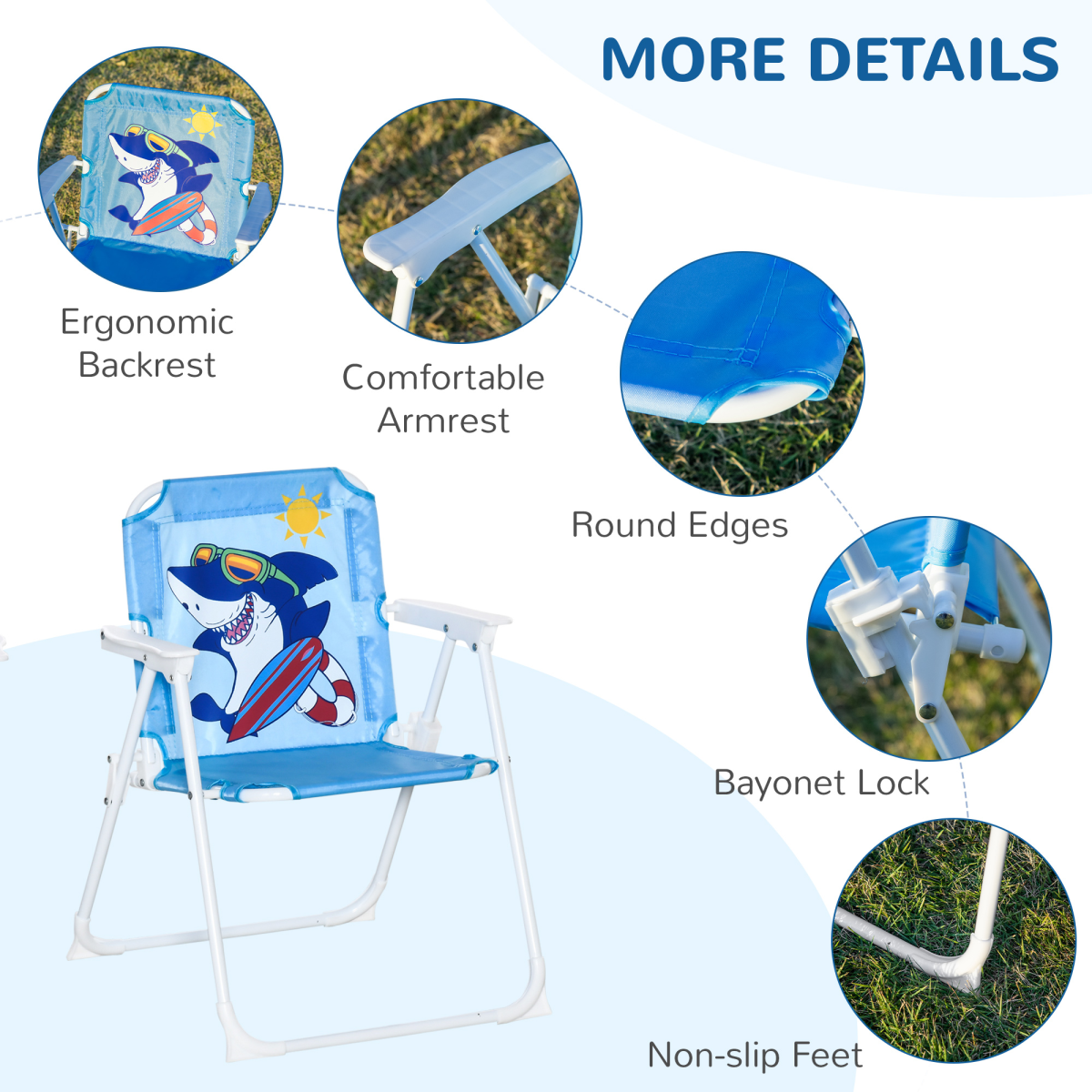 Kids Foldable Four-Piece Garden Set with Table, Chairs & Umbrella – Blue Shark Design