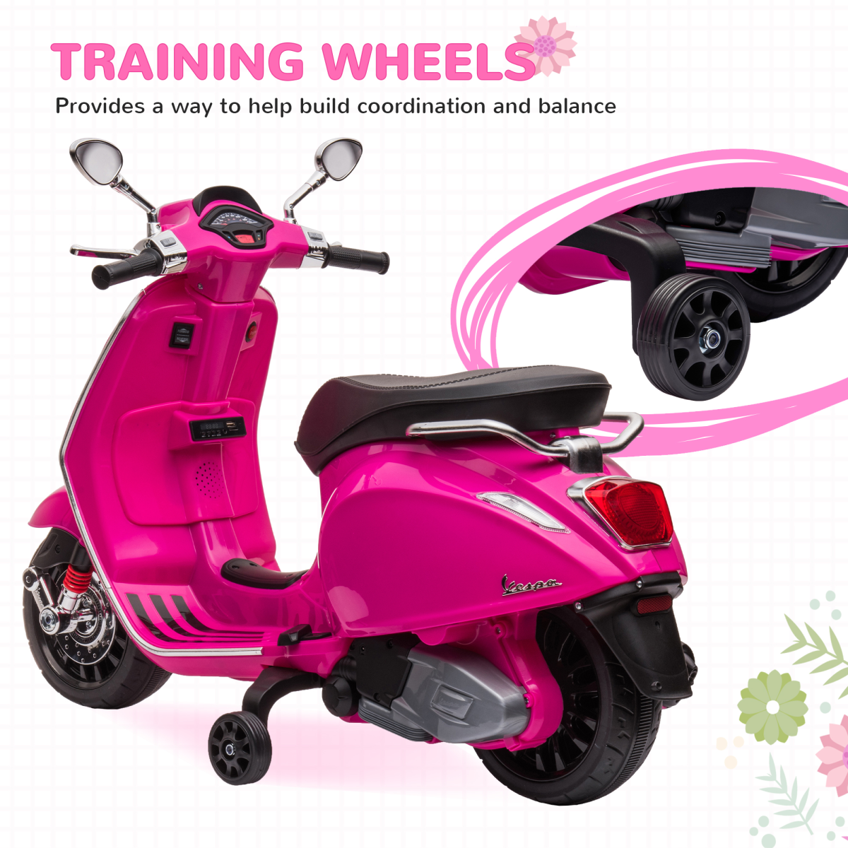 AIYAPLAY  12V Vespa Licensed Kids Ride-On Scooter – Pink
