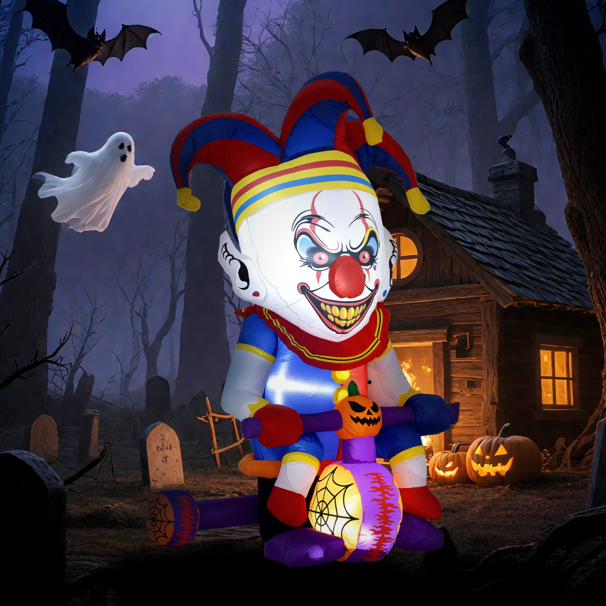 Inflatable Creepy Clown on Bike with LED Lights – Outdoor Halloween Decoration
