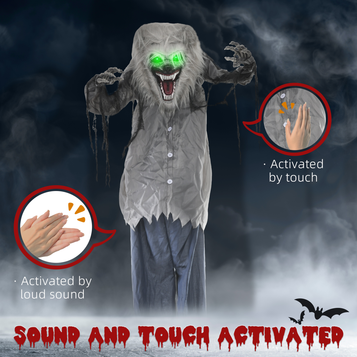 210cm Skeleton Werewolf Halloween Animatronic with Pop-Up Head & Glowing Eyes – Grey/Blue