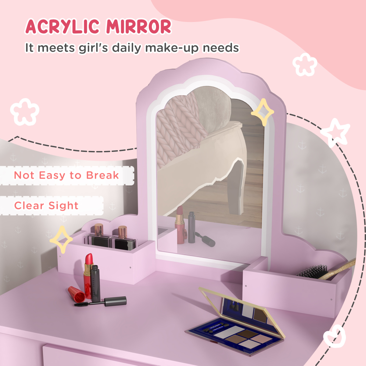 Kids Vanity Table & Stool Set with Cloud Mirror – Pink