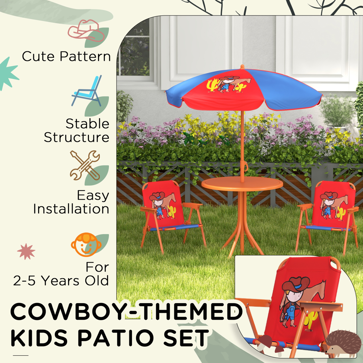Kids Cowboy-Themed Garden Set – 4-Piece Table, Chairs & Adjustable Parasol (Ages 3–6)