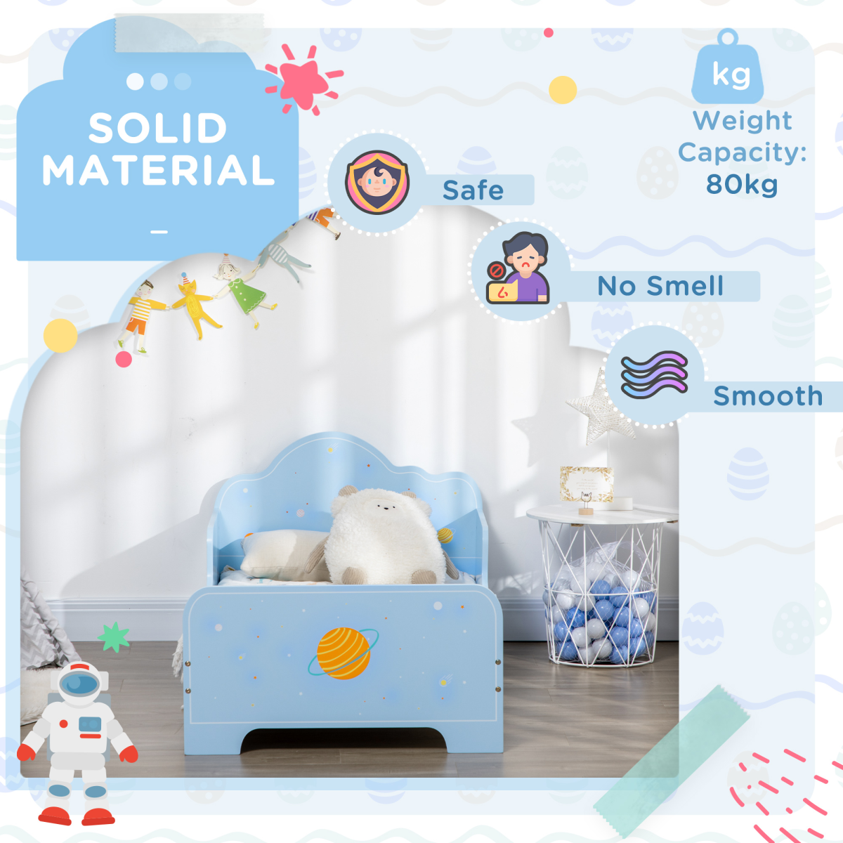 Toddler Bed with Space-Themed Design – Blue (Ages 3–6)