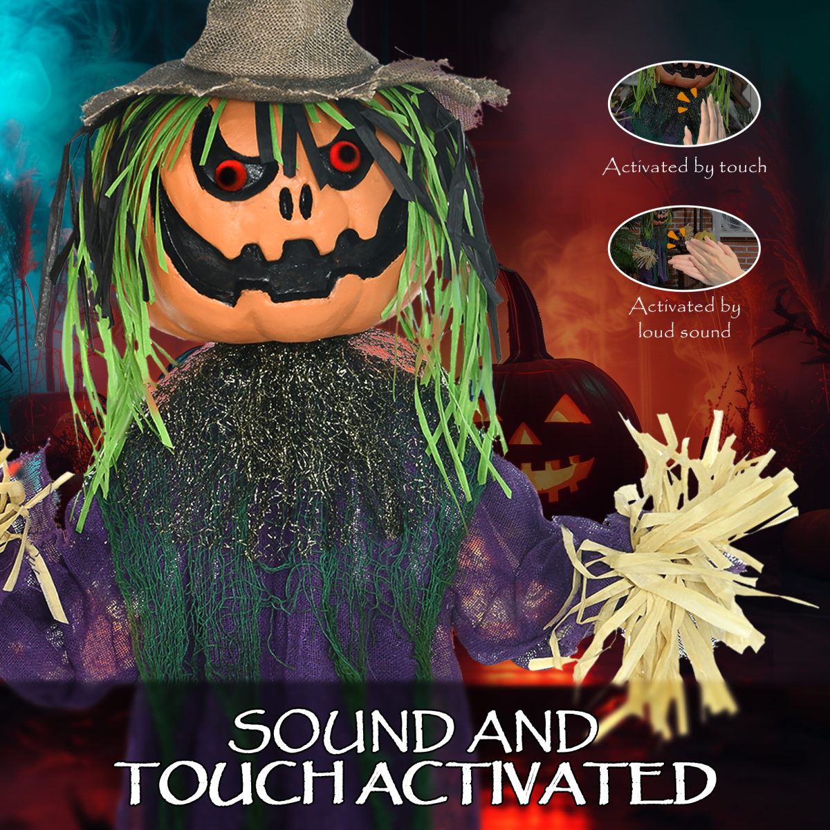 114cm Pumpkin Scarecrow Halloween Animatronic with Lights & Sound – Purple/Black