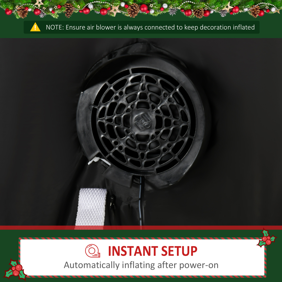 Black air blower with festive border and text on a dark background