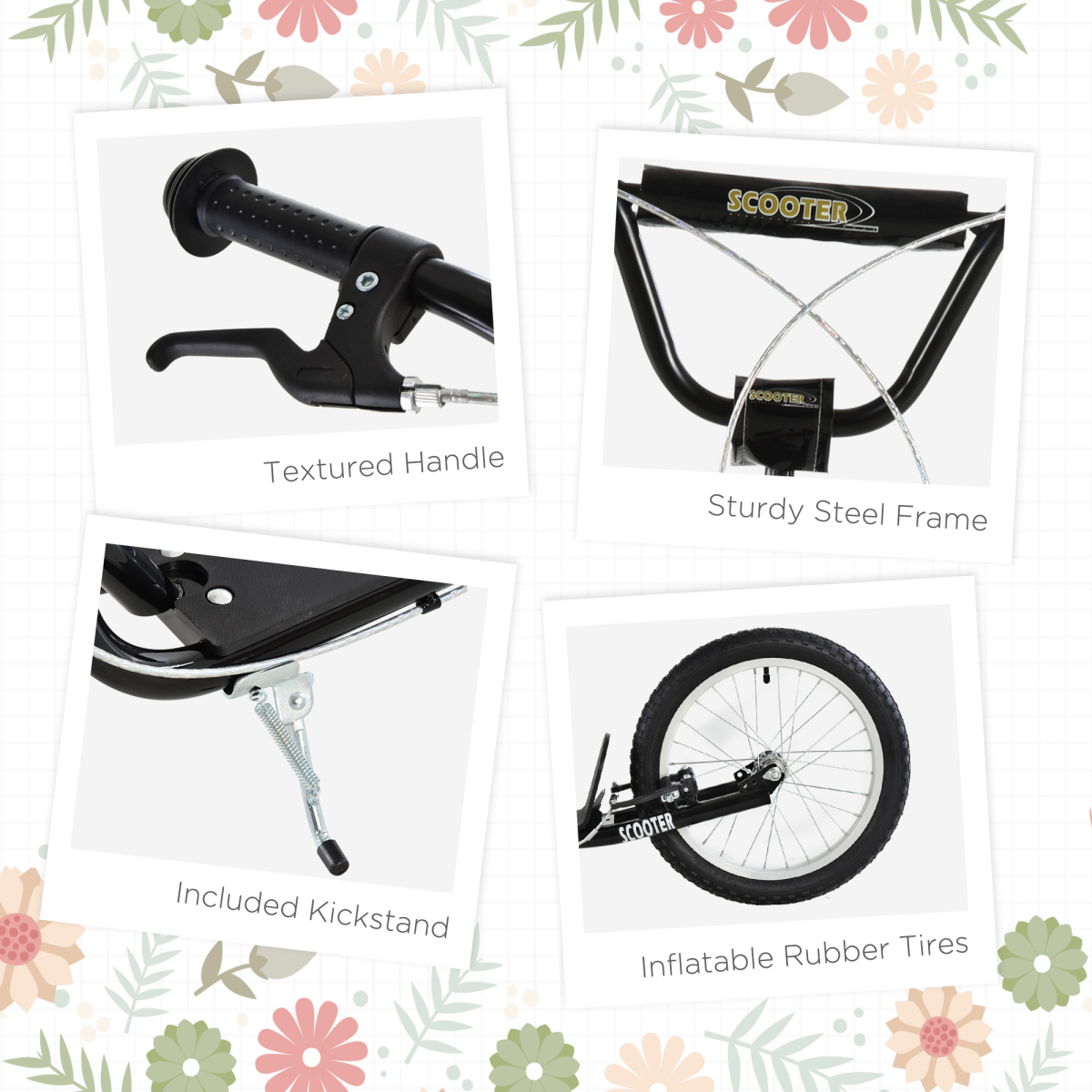 90-96cm Kids Kick Scooter Adjustable Handlebar Inflatable Wheels Black HOMCOM