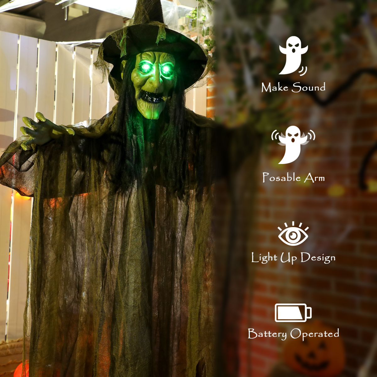 170cm Life-Size Halloween Witch with Sound, Lights & Motion – Green