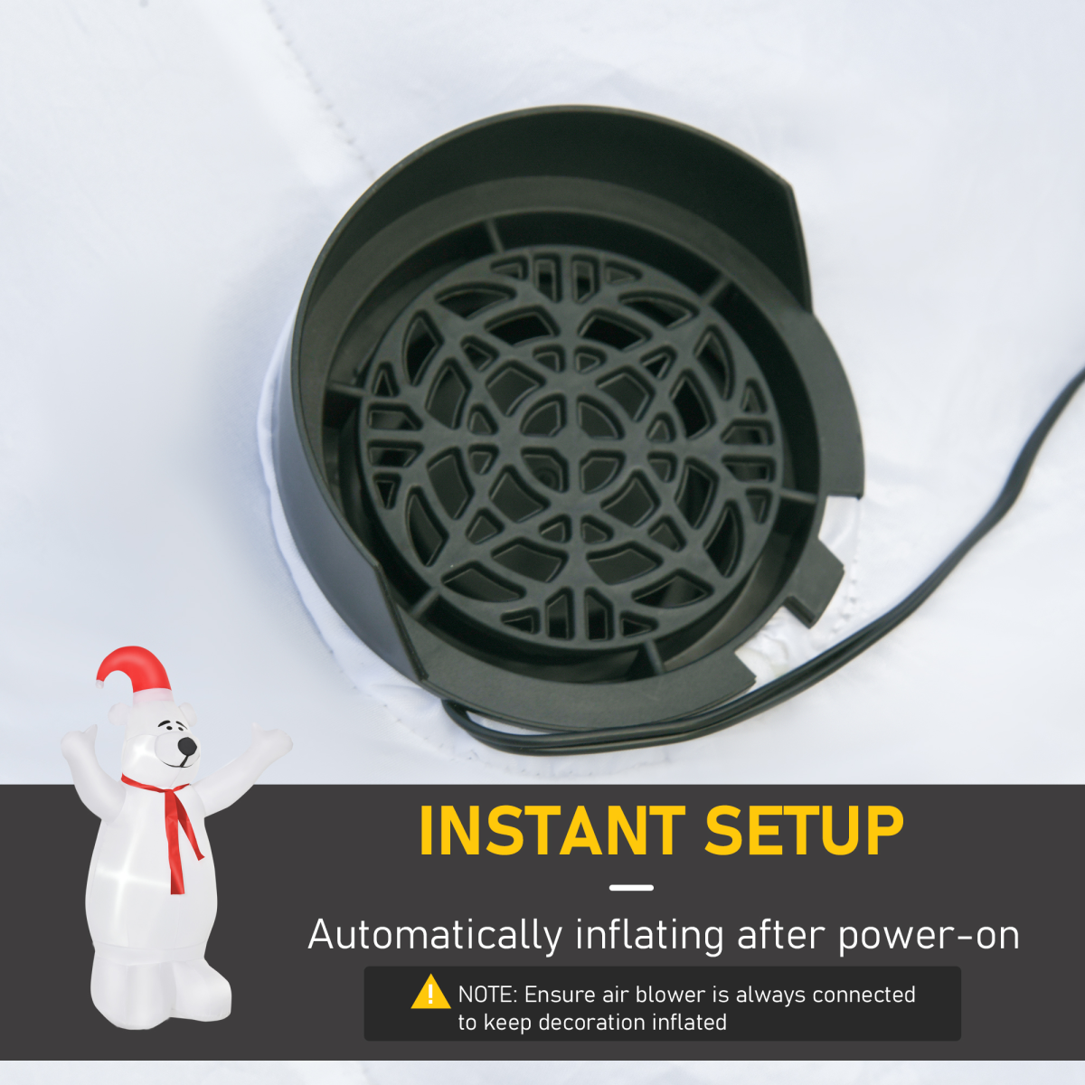 Black air blower with text about instant setup and inflation on a white background