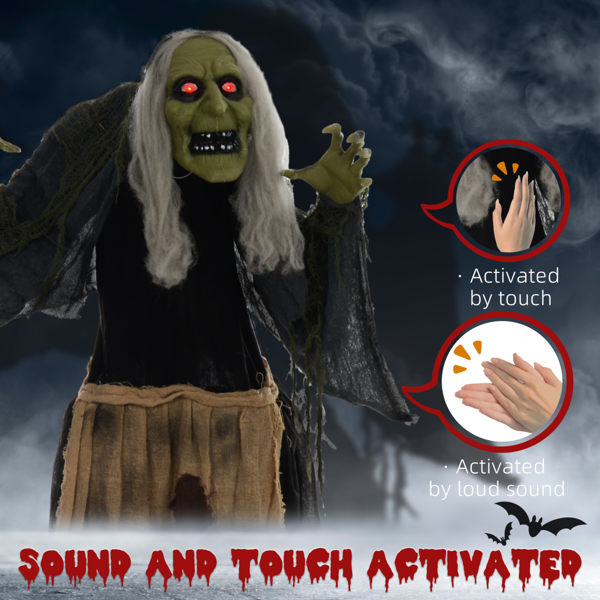 160cm Hunchback Witch Halloween Animatronic with Moving Head & Glowing Eyes – Khaki/Grey/Black