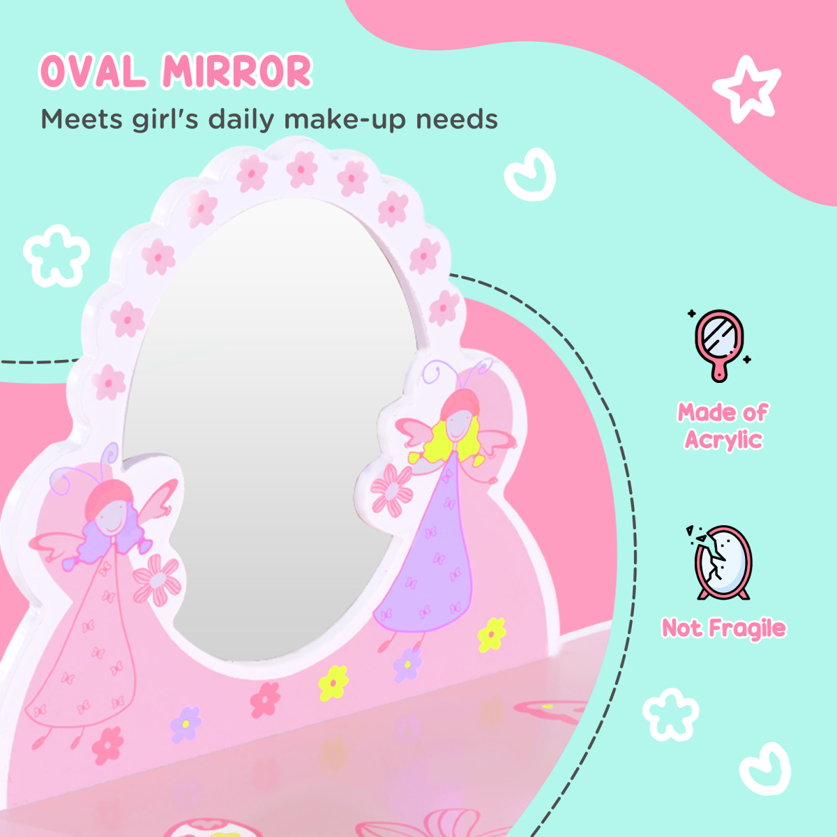 HOMCOM Kids Pink Dressing Table & Chair Set with Mirror