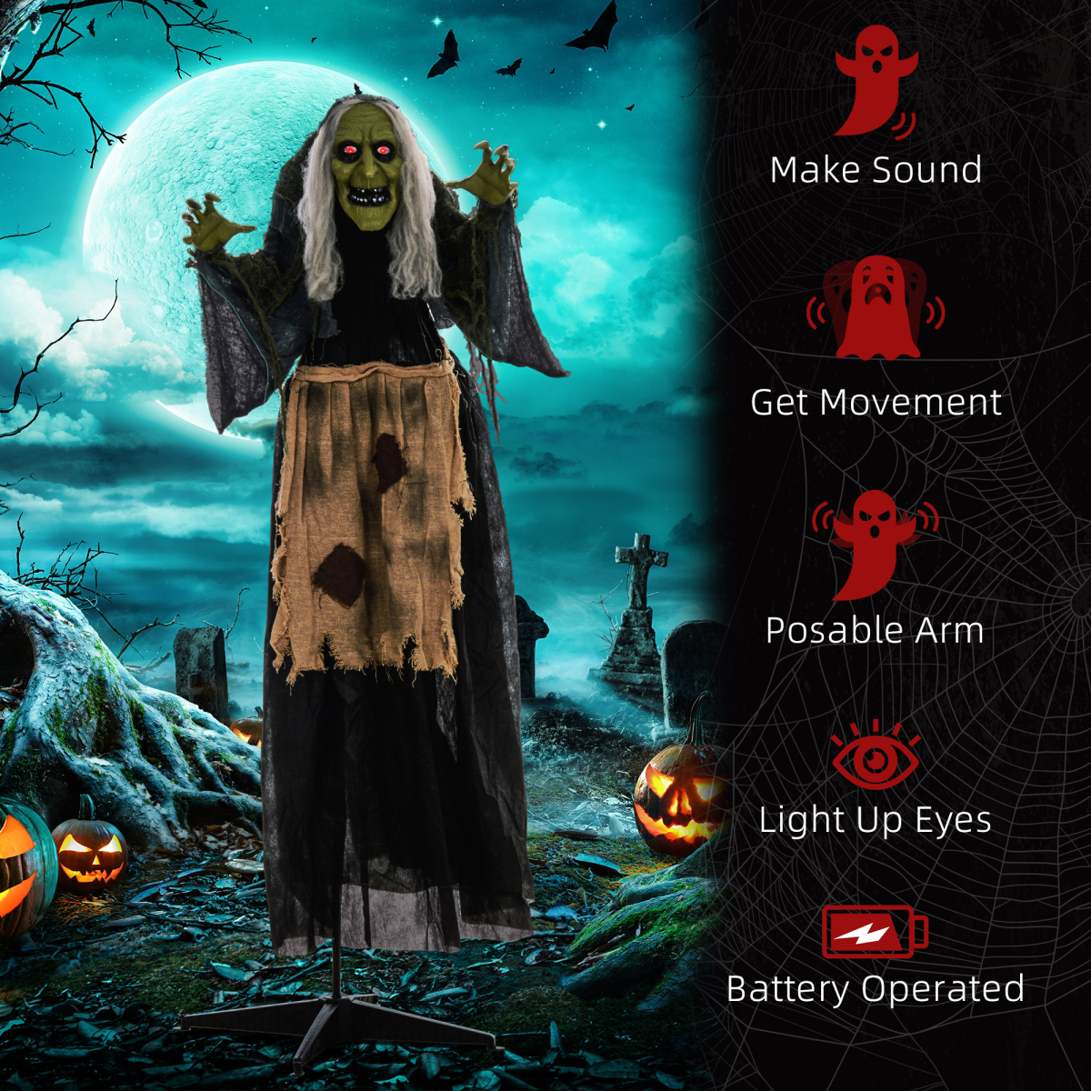 160cm Hunchback Witch Halloween Animatronic with Moving Head & Glowing Eyes – Khaki/Grey/Black