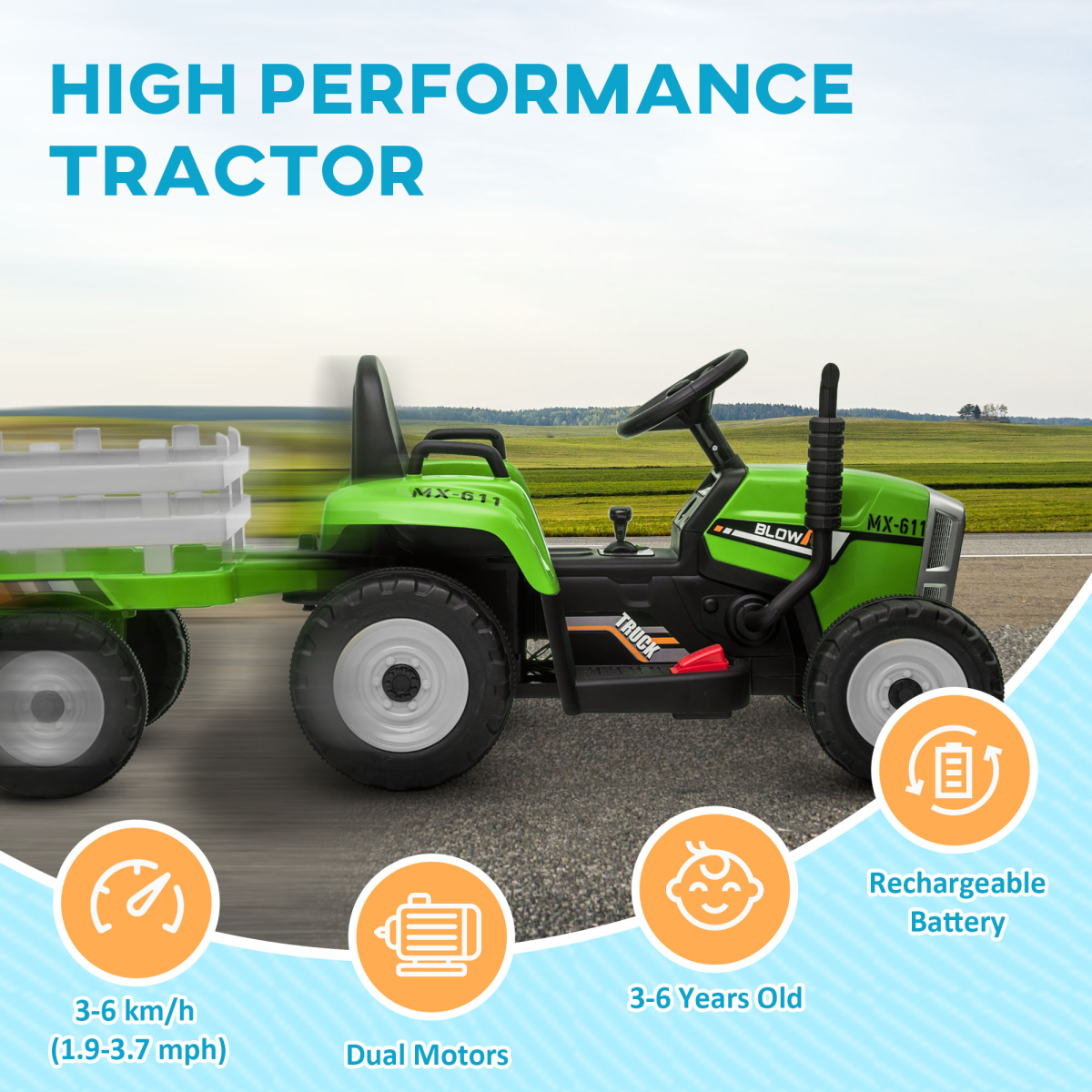 HOMCOM Ride-On Tractor with Remote Control & Detachable Trailer – Green