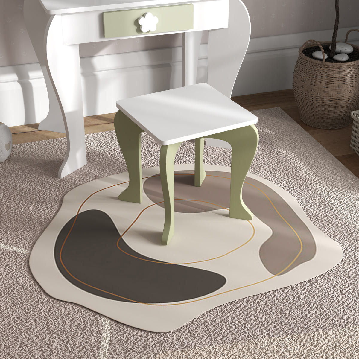 Kids Dressing Table Set with Stool & Mirror – White & Yellow Flower Design