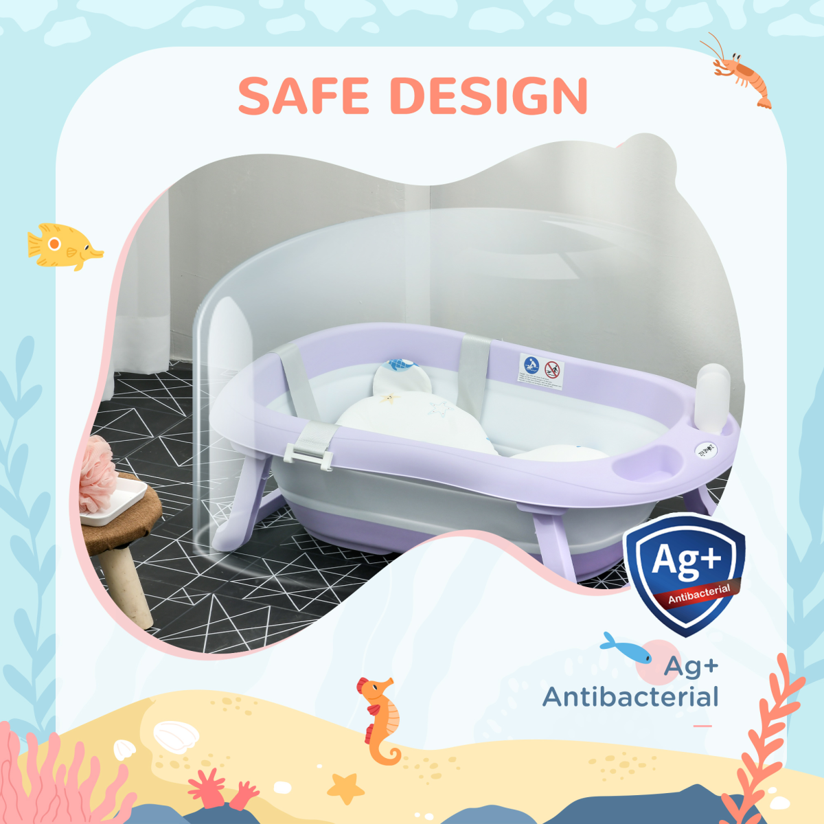 Foldable Baby Bathtub w/ Non-Slip Support Legs, Cushion, Shower Holder - Purple