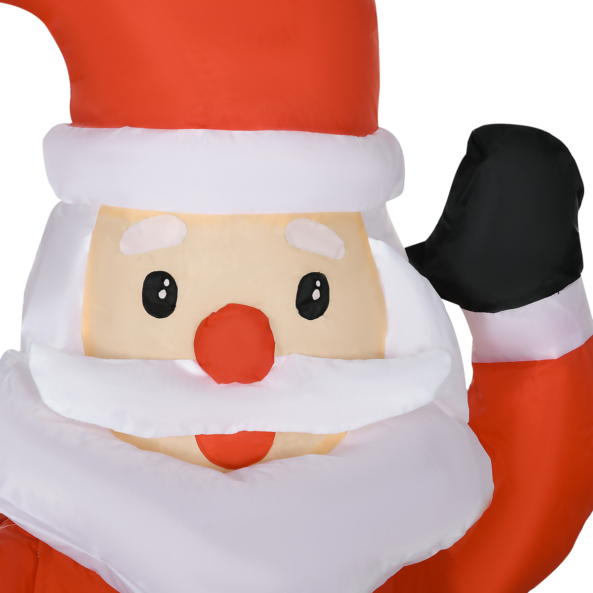 Close-up of a Santa Claus figure with a black glove on a white background